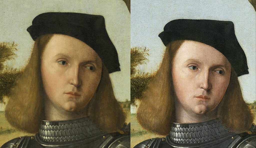 Detalle del rostro del caballero, antes y después de la limpieza Foto: Hélène Desplechin