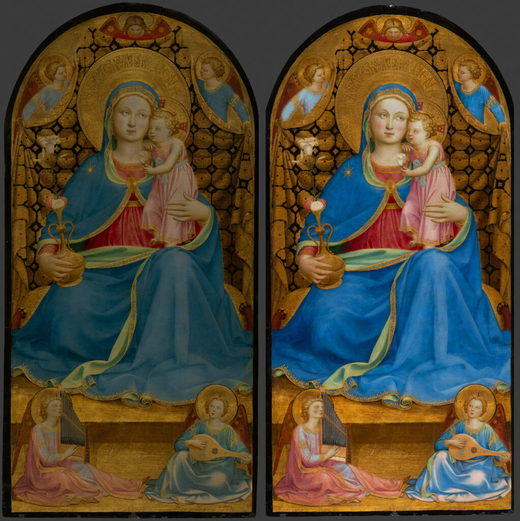 Fra Angelico. La Virgen de la Humildad, hacia 1433 - 1435. Comparativa del antes y después de la restauración. Foto: Hélène Desplechin