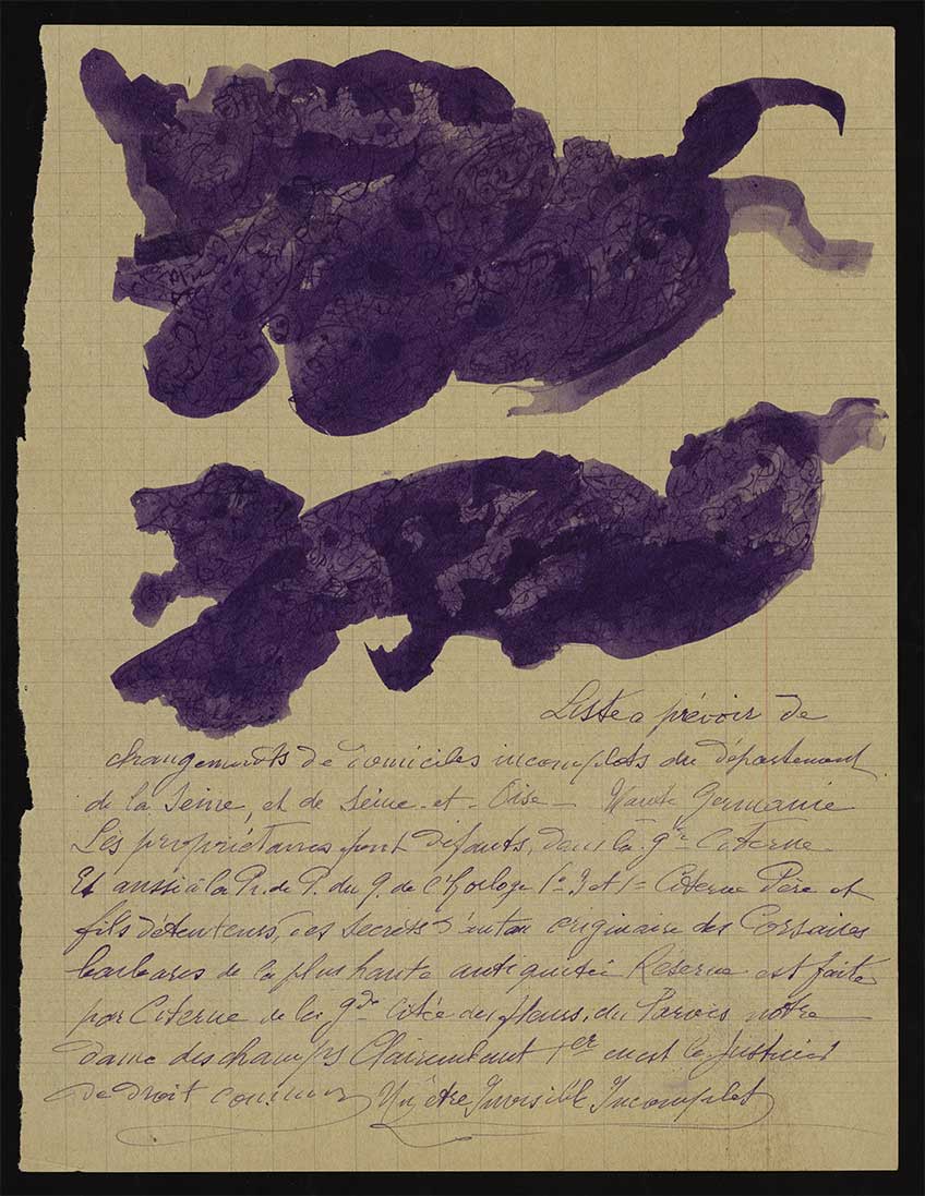 Jeanne Tripier Sin título, 7 febrero 1938 Tinta sobre papel 22 x 17 cm Foto: Jean-Marie Almonte, Atelier de numérisation – Ville de Lausanne Collection de l’Art Brut, Lausana