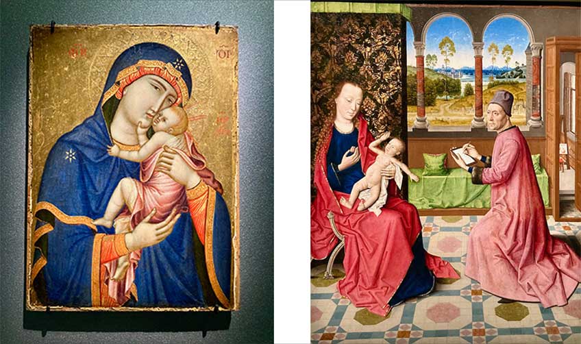 Notre-Dame de Grâce (Madonna de Cambrai) (c. 1300-1325). Catedral de Notre-Dame de Grâce, Cambrai / / Taller de Dieric Bouts. San Lucas dibujando a la Virgen con el Niño (1467-1475). The Bowes Museum, Durham, Inglaterra