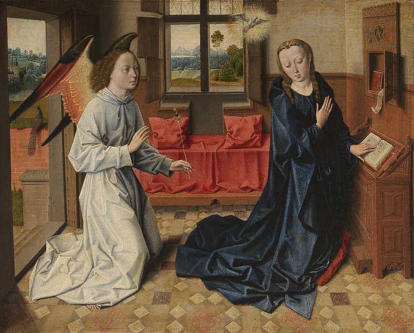 Dieric Bouts (taller, Albrecht Bouts (?)). Anunciación, c. 1465. Calouste Gulbenkian, Lisboa