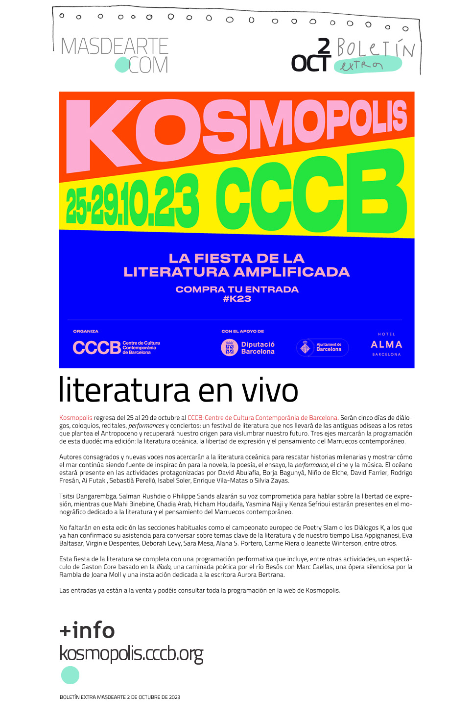 Extra masdearte: Kosmopolis 23, la fiesta de la literatura amplificada, en el CCCB
