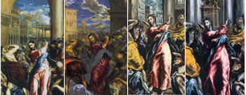 El Greco, Detalles de los diferentes lienzos de la Expulsión de los ladrones del templo