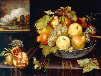 Juan Van der Hamer. Bodegón con frutas y pájaros, S. F.