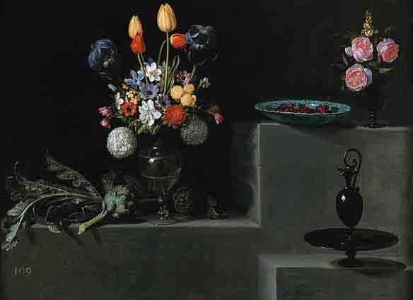Juan Van der Hamen. Bodegón con alcachofas, flores y recipientes  de vidrio, 1627