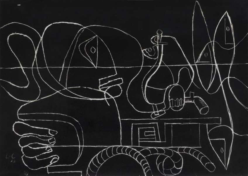 galerie Hachmeister. Le Corbusier. Figure d'homme, nature morte, poissons et cordage, 1962, grattage, 40 x 60 cm © VG Bild-Kunst Bonn, 2016