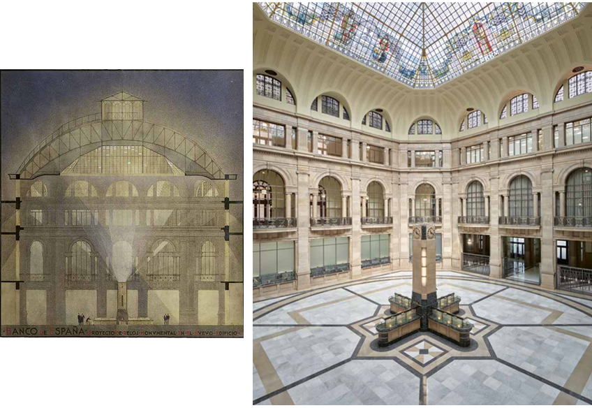 José Yárnoz Larrosa Banco de España: proyecto de reloj monumental en el nuevo edificio. Acuarela y tinta sobre cartulina. 79 x 72 cm. AGUN. Fondo José Yárnoz Larrosa / Patio de operaciones del Banco de España