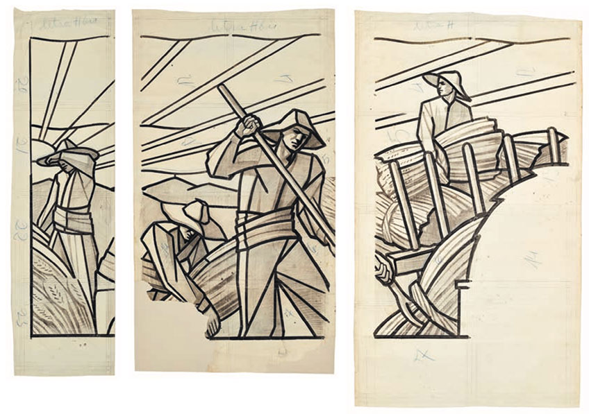 Alberto Martorell para Maumejean Hermanos. Escena del trabajo de agricultura, c.1932. Cartones para vidriera para el Patio de operaciones. Carboncillo y tinta sobre papel de estraza. Museo Nacional de Artes Decorativas, depositados en la Fundación Centro Nacional del Vidrio