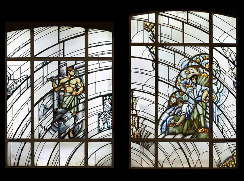Alegorías de un porvenir. Banco de España, hasta el 28 de marzo de 2026. Vidrieras dedicadas a la Industria y la Agricultura. Dibujos de Alberto Martorell para Maumejean Hermanos, Madrid, 1934-1935