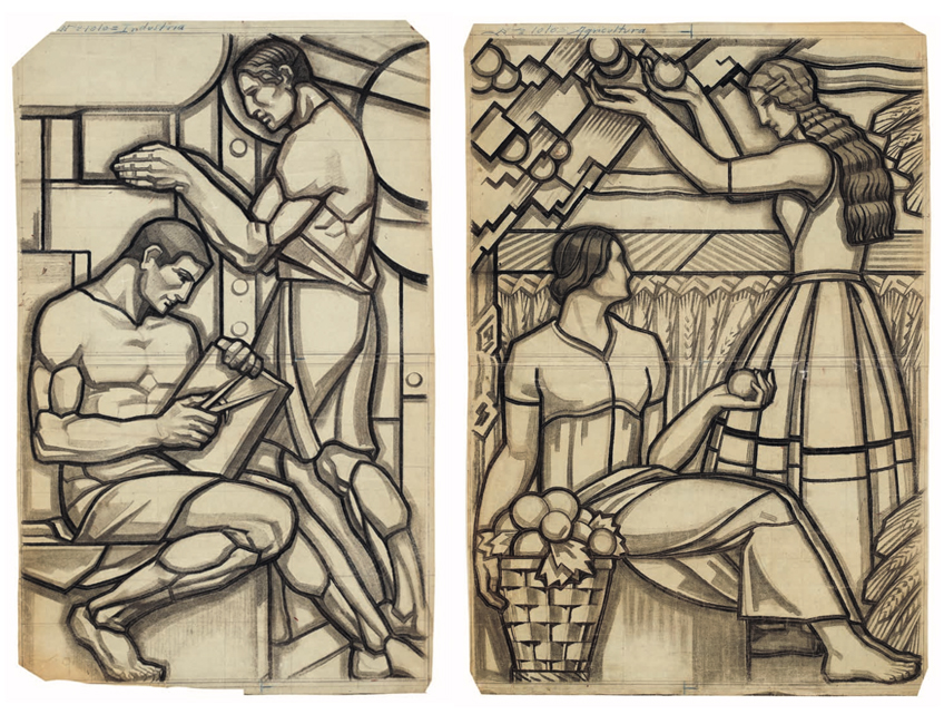 Alberto Martorell. Alegoría de la Agricultura (figuras femeninas recolectando fruta), c. 1933 Cartón para vidriera del vestíbulo de entrada de la ampliación del Banco de España Carboncillo sobre papel 136 x 94 cm / Alegoría de la Industria, c. 1933 Cartones para vidriera del vestíbulo de entrada, de la ampliación del Banco de España, escena izquierda del friso Carboncillo y tinta sobre papel de estraza 135 x 85 cm / 69 x 85 cm / 69 x 85 cm Museo Nacional de Artes Decorativas, depositados en la Fundación Centro Nacional del Vidrio