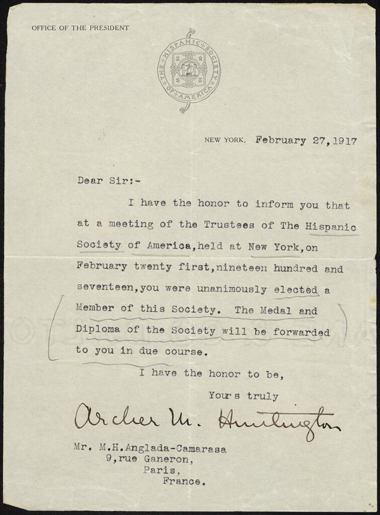 Comunicación de Archer M. Huntington de nombramiento como miembro de The Hispanic Society of America, Nueva York, 1917. AMNAC. Fons Hermen Anglada Camarasa