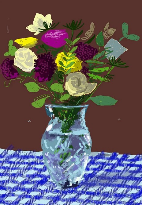 David Hockney. 20th March 2021, Flowers, Glass Vase on a Table, 2021