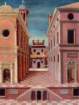 Atribuido a Girolamo Da Contignola (Girolamo Marchesi). Vista de una ciudad, 1520. Pinacoteca Nazionale, Ferrara. 