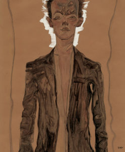 Egon Schiele. Self portrait in brown coat (fragmento), 1910