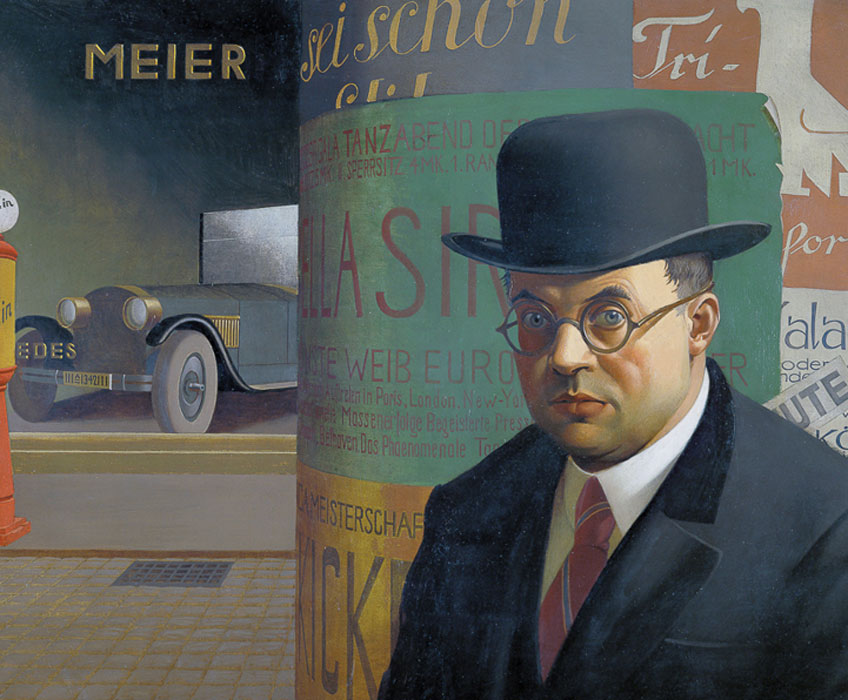 Georg Scholz. Self portrait in front of an advertising column, 1926. Staatliche Kunsthalle Karlsruhe, Photo: bpk Bildagentur / Staatliche Kunsthalle Karlsruhe / Art Resource, NY. © 2019 Artists Rights Society (ARS), New York