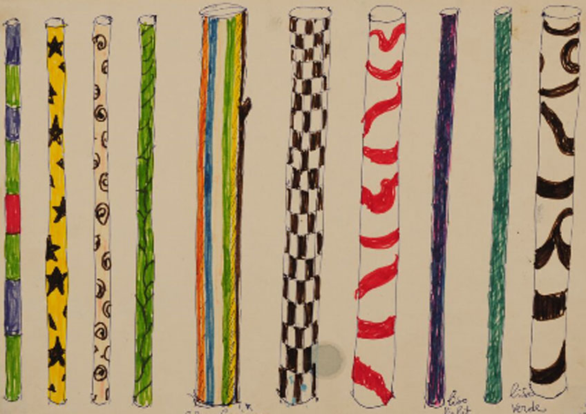 Lina Bo Bardi. Estudio de mastiles para la exposición "Caipiras, capiaus: pau a pique”, 1984. Instituto Bardi