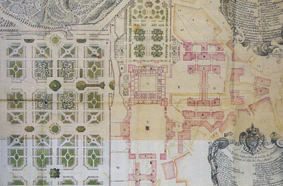 Dibujo de Giambattista Novello con la planta general del Real Palacio Nuevo y su entorno, según proyecto de Sacchetti en 1738. Venecia, BNM