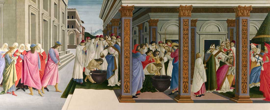Botticelli. Cuatro escenas de la infancia de Zenobio, hacia 1500. National Gallery, Londres