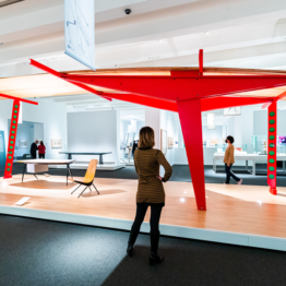 Vista de la exposición " El universo de Jean Prouvé. Arquitectura / Industria / Mobiliario" en CaixaForum Madrid