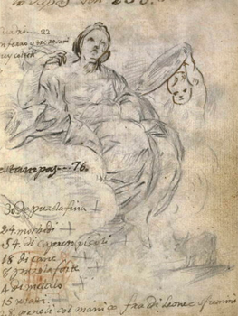 Francisco de Goya. Alegoría de la Prudencia. Apunte de bóvido. Anotaciones sobre el número de pontífices y lista de materiales, hacia 1771