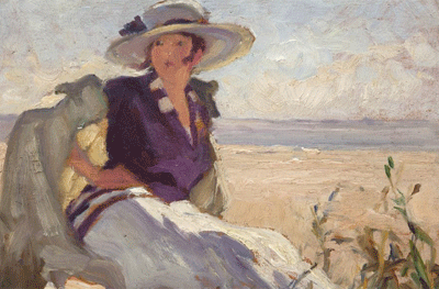 Edmond-Edouard Lapeyre. Femme au chapeau blanc et violet assise sur une dune, 1920