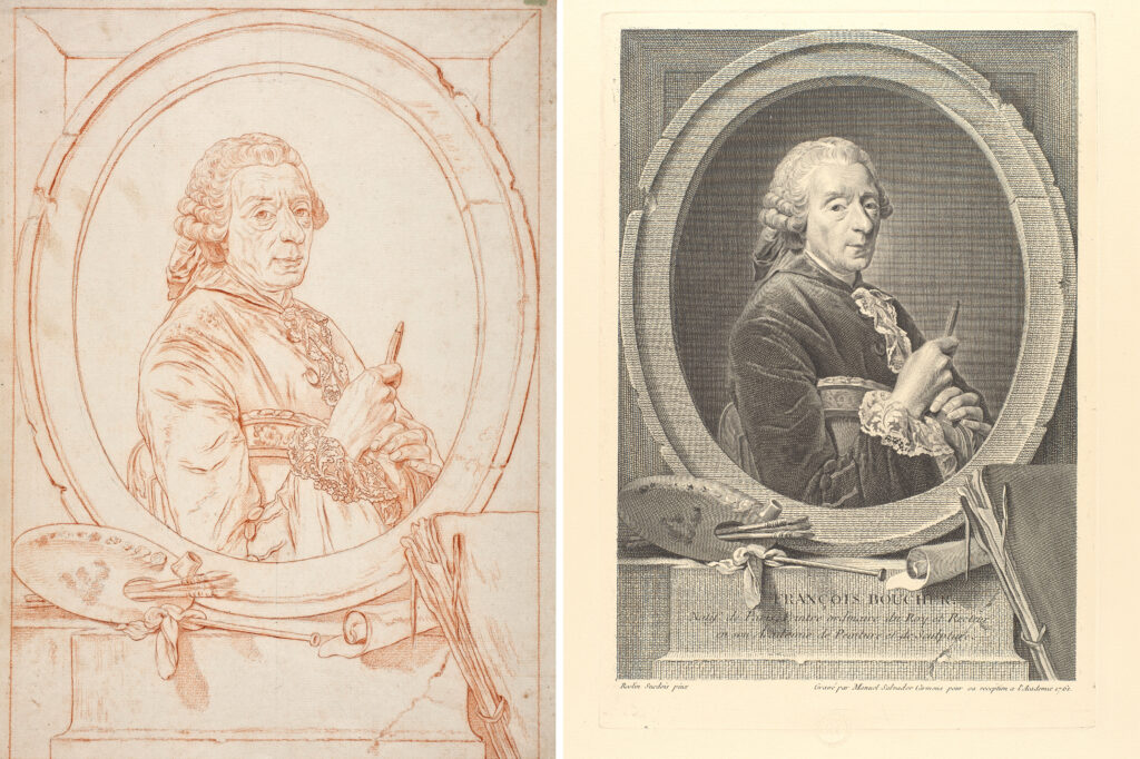 Manuel Salvador Carmona. Retrato de François Boucher (dibujo de contorno para grabar y estampa al aguafuerte y buril), 1759-1961