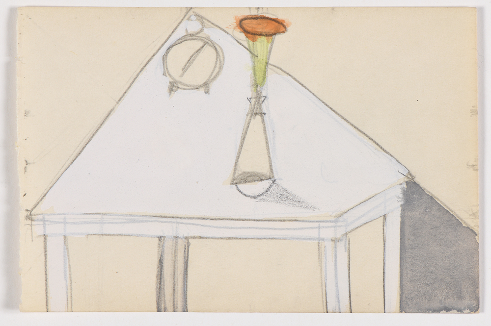 Dora Maar. Jarrón con despertador sobre la mesa, c. 1955 Galerie Boquet and Ambroise Audoin-Rouzeau VEGAP, Madrid 2025