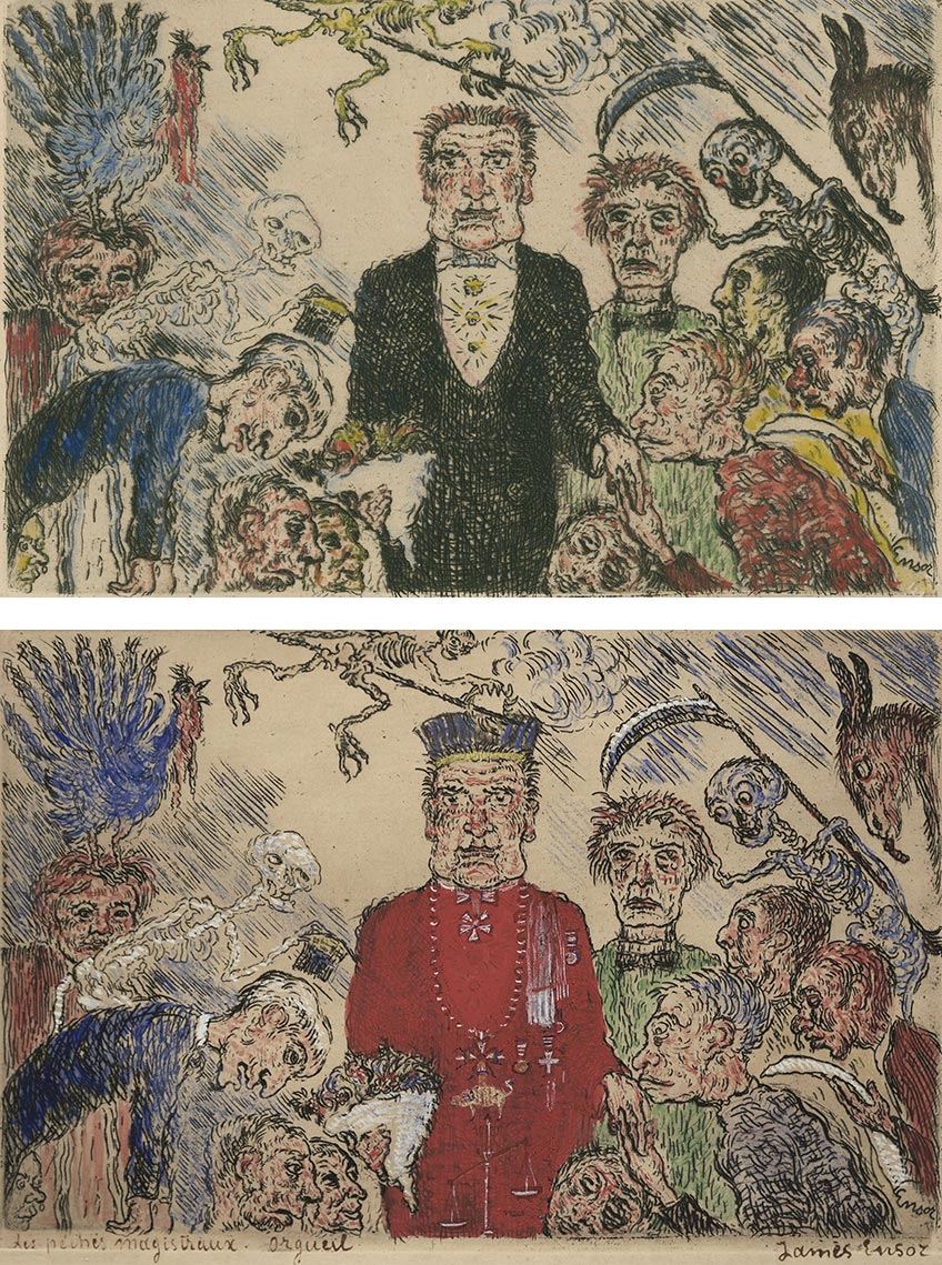 James Ensor. Orgullo, 1904, aguafuerte y acuarela. Colección Ciudad de Amberes, Museo Plantin-Moretus James Ensor. Orgullo, 1904, aguafuerte y acuarela. Colección P.F. (versión coloreada)