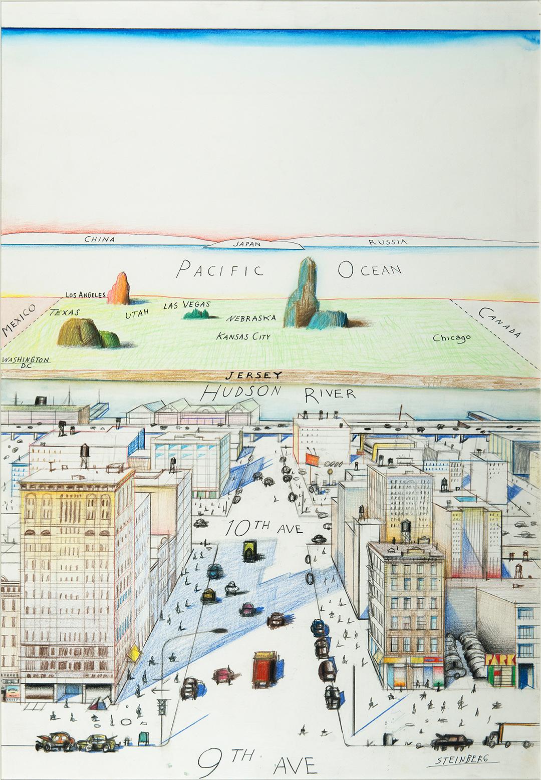 Saul Steinberg. View of the World from 9th Avenue, 1976. The New Yorker. Colección Samantha Loria Mizrahi © The Saul Steinberg Foundation / VEGAP, Madrid, 2024