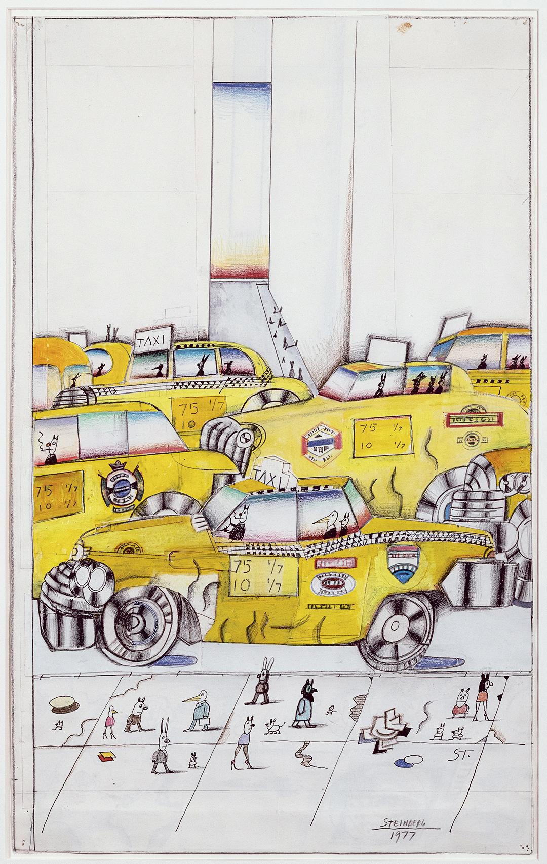 Saul Steinberg. New York Taxis, 1977. Colección Carol y Douglas Cohen © The Saul Steinberg Foundation / VEGAP, Madrid, 2024 