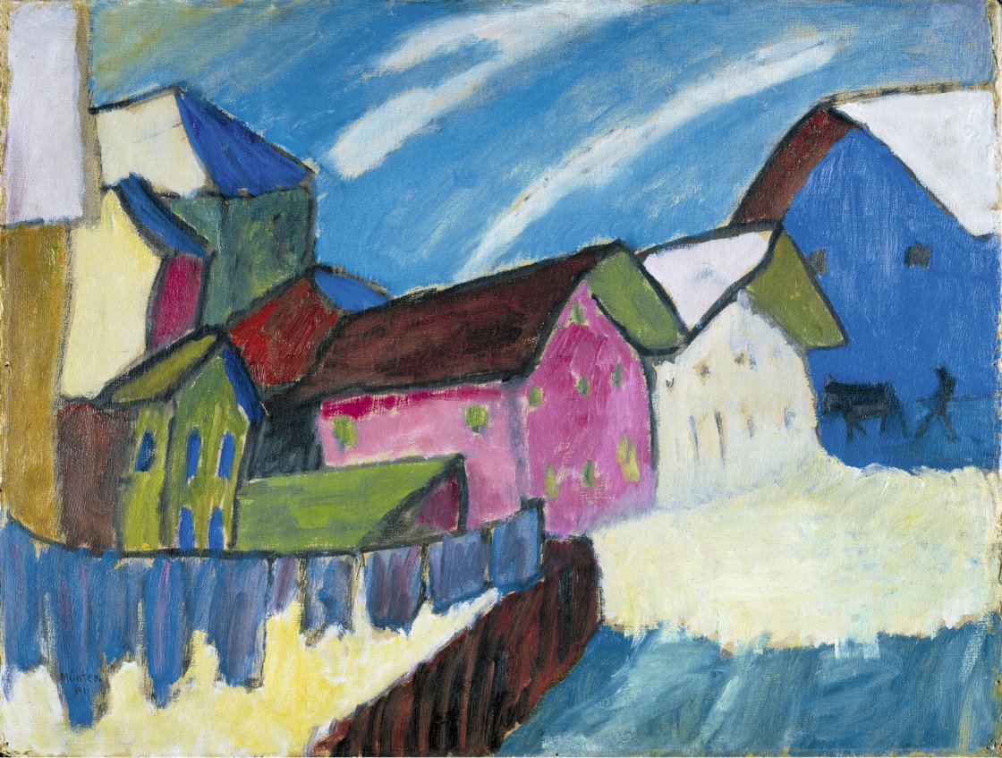 Gabriele Münter. Calle de pueblo en invierno, 1911. Cartón. 52,4 x 69 cm. Städtische Galerie im Lenbachhaus und Kunstbau München, Múnich