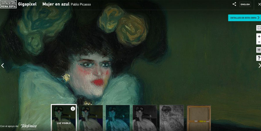 Detalle en luz visible de la obra de Picasso Mujer en azul, 1901. Museo Nacional Centro de Arte Reina Sofía