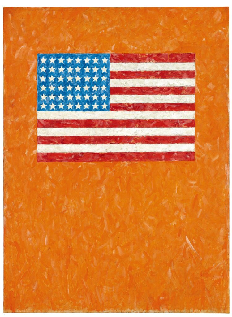 Jasper Johns. Bandera sobre campo naranja, 1957. Museum Ludwig, Colonia. © Jasper Johns, VEGAP, Bilbao, 2026