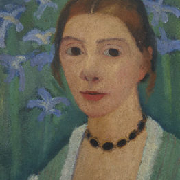 Paula Modersohn-Becker. Autorretrato sobre fondo verde con lirios azules 1900-1907. Kunsthalle Bremen – Der Kunstverein in Bremen