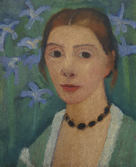Paula Modersohn-Becker. Autorretrato sobre fondo verde con lirios azules 1900-1907. Kunsthalle Bremen – Der Kunstverein in Bremen