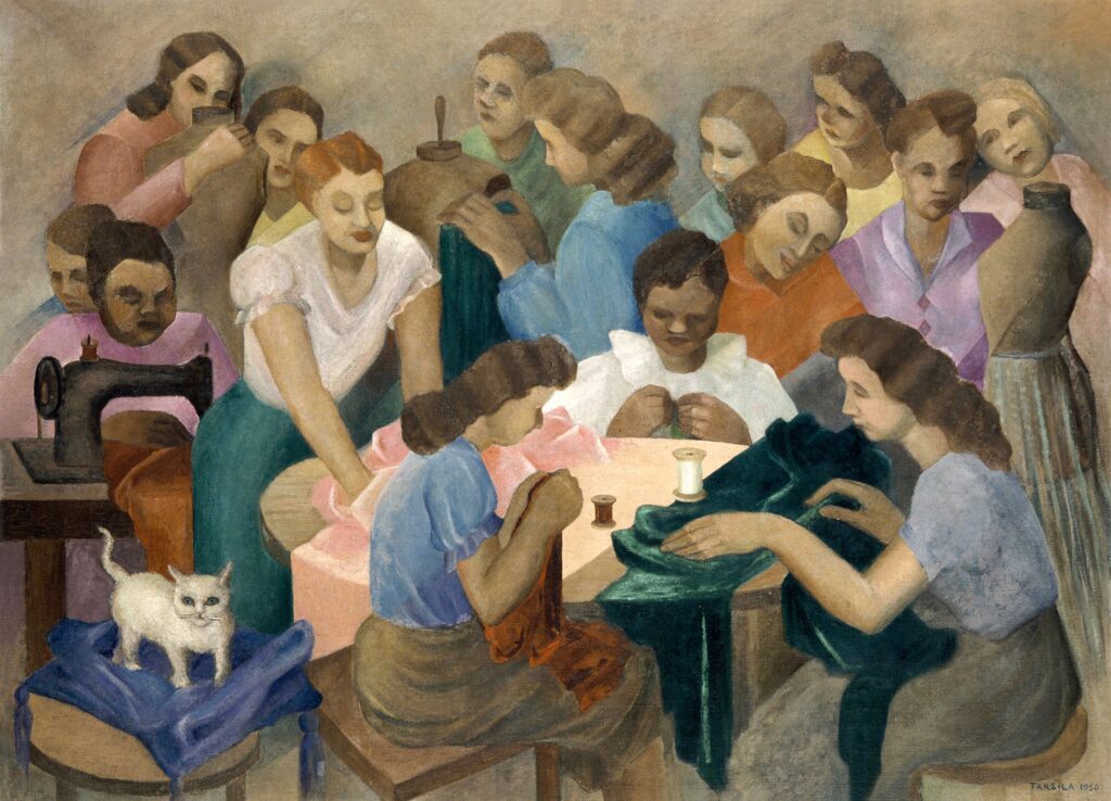 Tarsila do Amaral. Costureras, 1950. Museu de Arte Contemporânea da Universidade de São Paulo, São Paulo, donación de Francisco Matarazzo Sobrinho