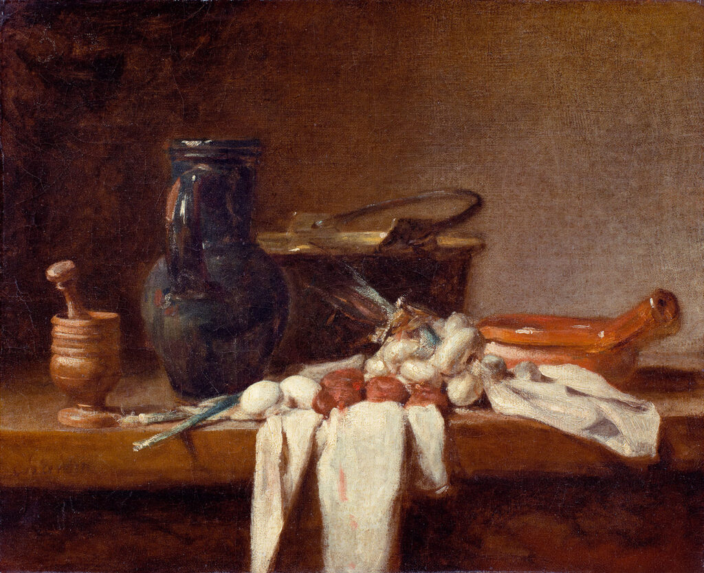 Jean-Baptiste-Siméon Chardin Bodegón con almirez, cántaro y caldero de cobre, ca. 1728-1732. Museo Nacional Thyssen-Bornemisza