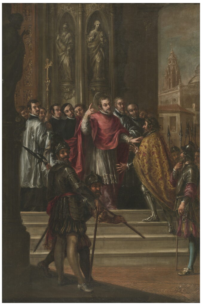 Valdés Leal. San Ambrosio niega al emperador Teodosio la entrada al templo, hacia 1673. Museo Nacional del Prado