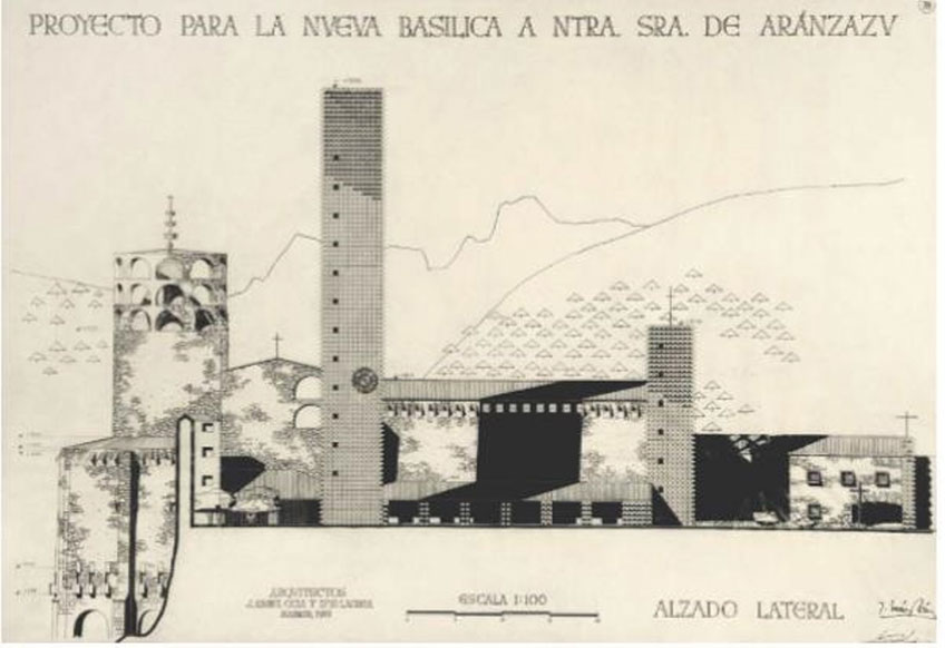Francisco Javier Sáenz de Oíza y Luis Laorga Gutiérrez. Aránzazu, 78. Alzado lateral, 1951. Colección particular.