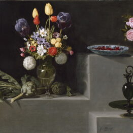 Juan van der Hamen. Bodegón con alcachofas, flores y recipientes de vidrio, 1627. Museo Nacional del Prado