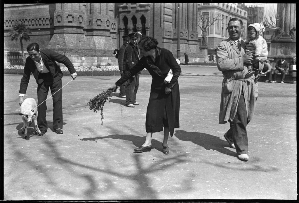 Puig Farran. Borrego resistiéndose. Feria del Cordero en el paseo de Sant Joan de Barcelona durante la celebración de la Pascua, abril de 1934. Arxiu Fotogràfic de Barcelona/ Archivo de la familia Puig Farran