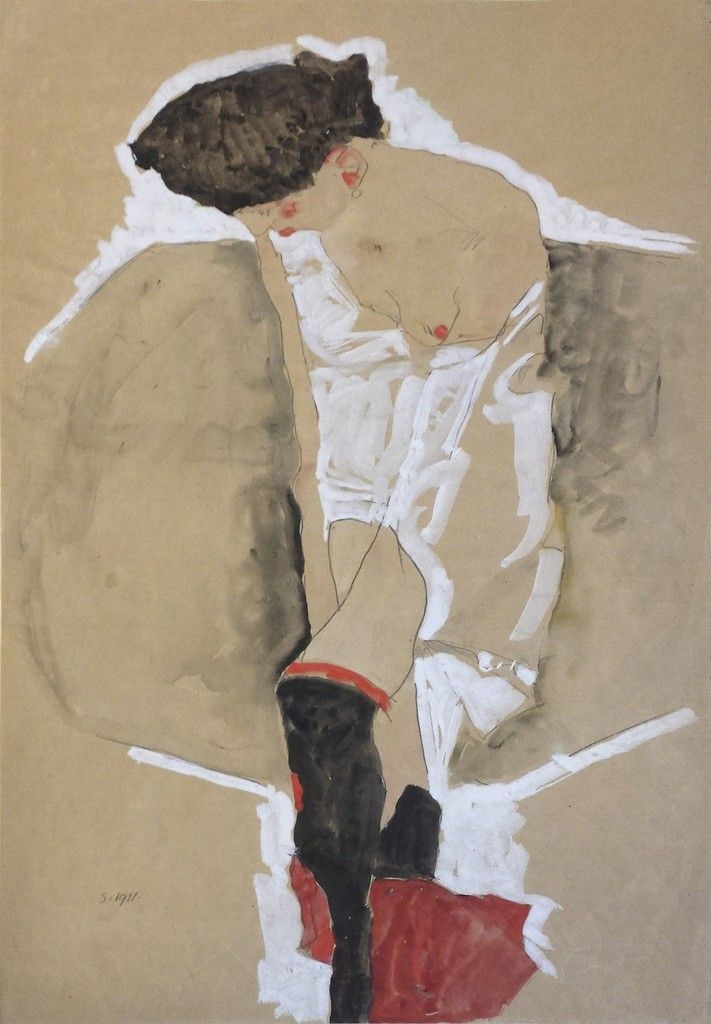 Egon Schiele. Standing female in shirt with black stockings and red scarf, 1911