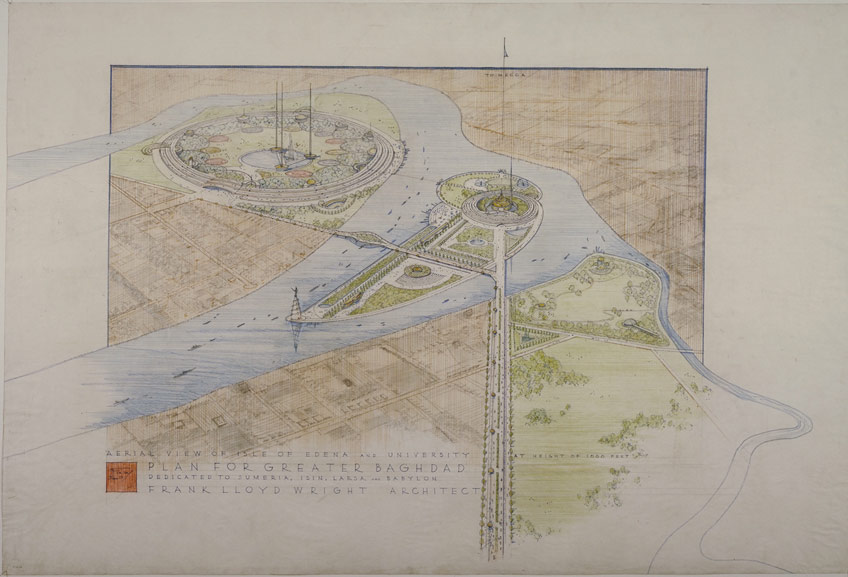 Plan for Greater Baghdad. Unbuilt project. 1957-58. 34 7/8 × 52″ (88.6 × 132.1 cm). The Frank Lloyd Wright Foundation Archives (The Museum of Modern Art | Avery Architectural & Fine Arts Library, Columbia University, New York).