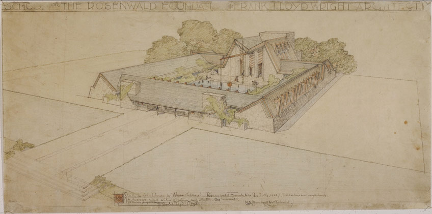 Rosenwald Foundation School (La Jolla, California). Unbuilt Project. 1928. Pencil and color pencil on tracing paper. 12 3/4 x 25 7/8” (32.4 x 65.7 cm). The Frank Lloyd Wright Foundation Archives (The Museum of Modern Art | Avery Architectural & Fine Arts Library, Columbia University, New York).