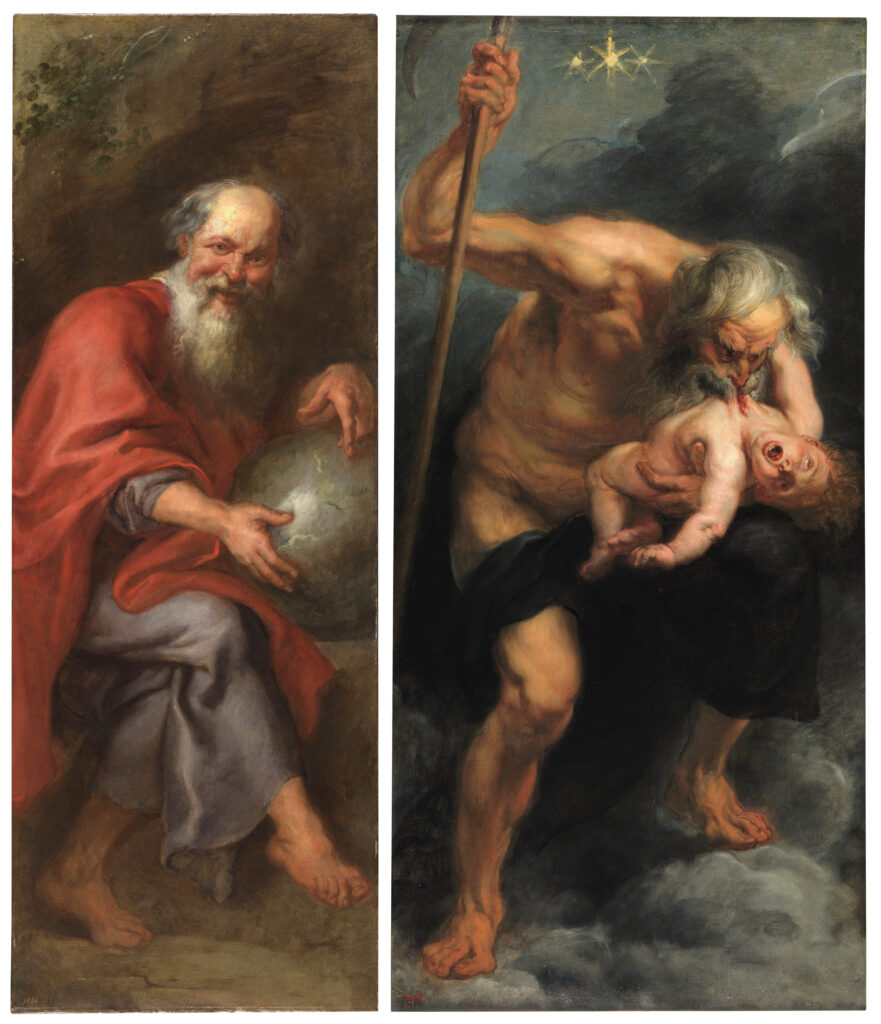 Taller de Pedro Pablo Rubens. Demócrito, el filósofo que ríe, 1636-1639. Museo Nacional del Prado<br>Pedro Pablo Rubens. Saturno devorando a un hijo, 1636-1639. Museo Nacional del Prado