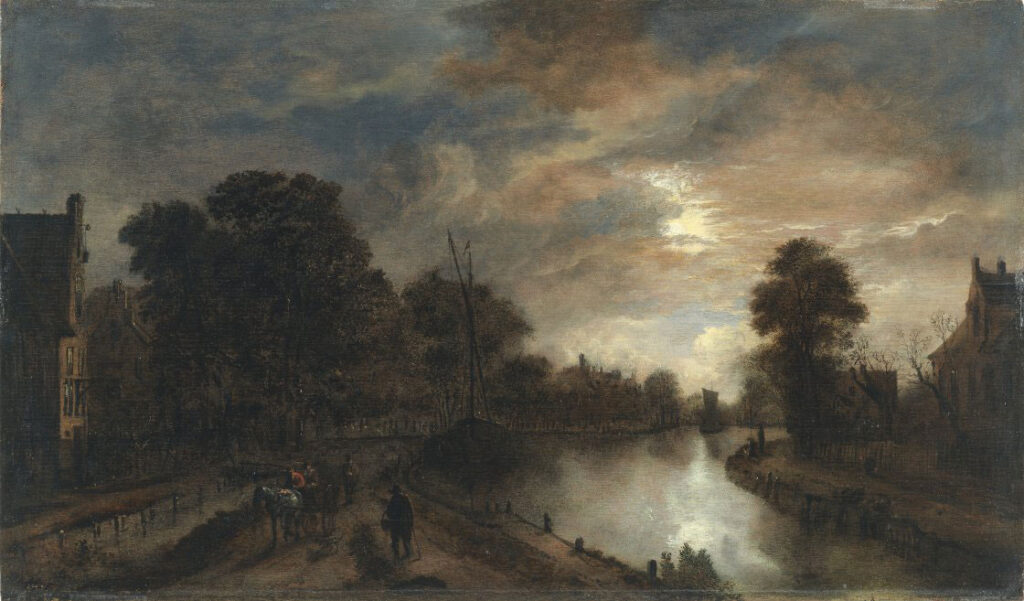 Aert van der Neer. Claro de luna con un camino bordeando un canal, hacia 1645 - 1650. Museo Nacional Thyssen-Bornemisza