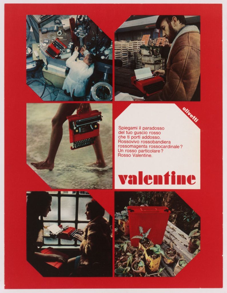 Ettore Sottsass. Cartel publicitario para la máquina de escribir Valentine, 1969. Bibliothèque Kandinsky, MNAM-CCI, Centre Pompidou. Fonds Ettore Sottsass