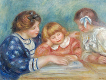 La leçon ( Bielle, l’institutrice et Claude Renoir lisant) (aprox. 1906)   de Pierre-Auguste Renoir, óleo sobre panel, 65,3x58,1cm