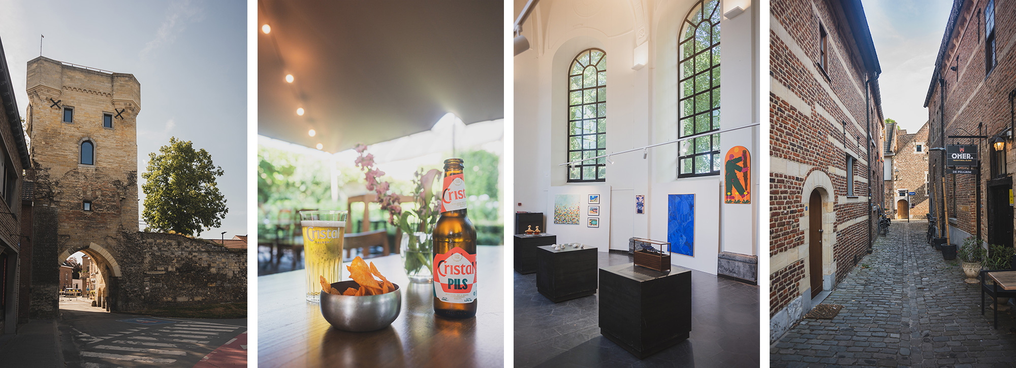 Moerenpoort, única puerta de entrada medieval que se conserva intacta en Tongeren. Aperitivo, exposición y callejuela en el Beguinario de Tongeren