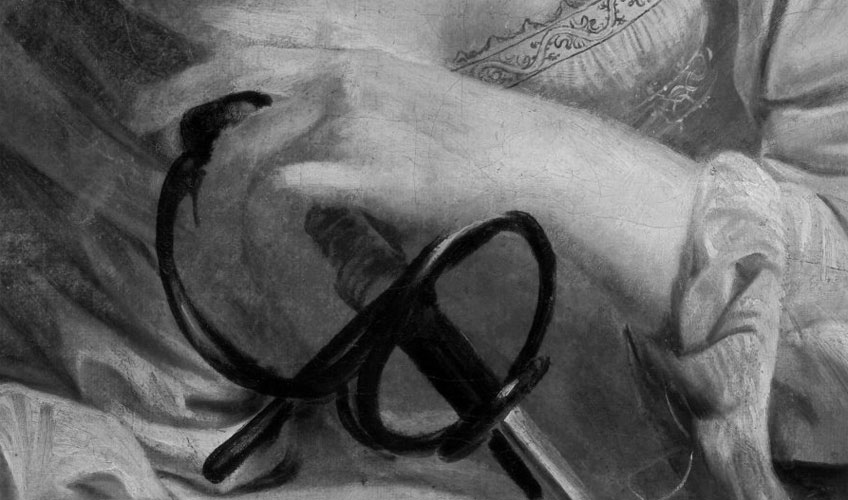 Detalle de la reflectografía infrarroja de Santa Catalina de Alejandría, de Caravaggio. Museo Nacional Thyssen-Bornemisza